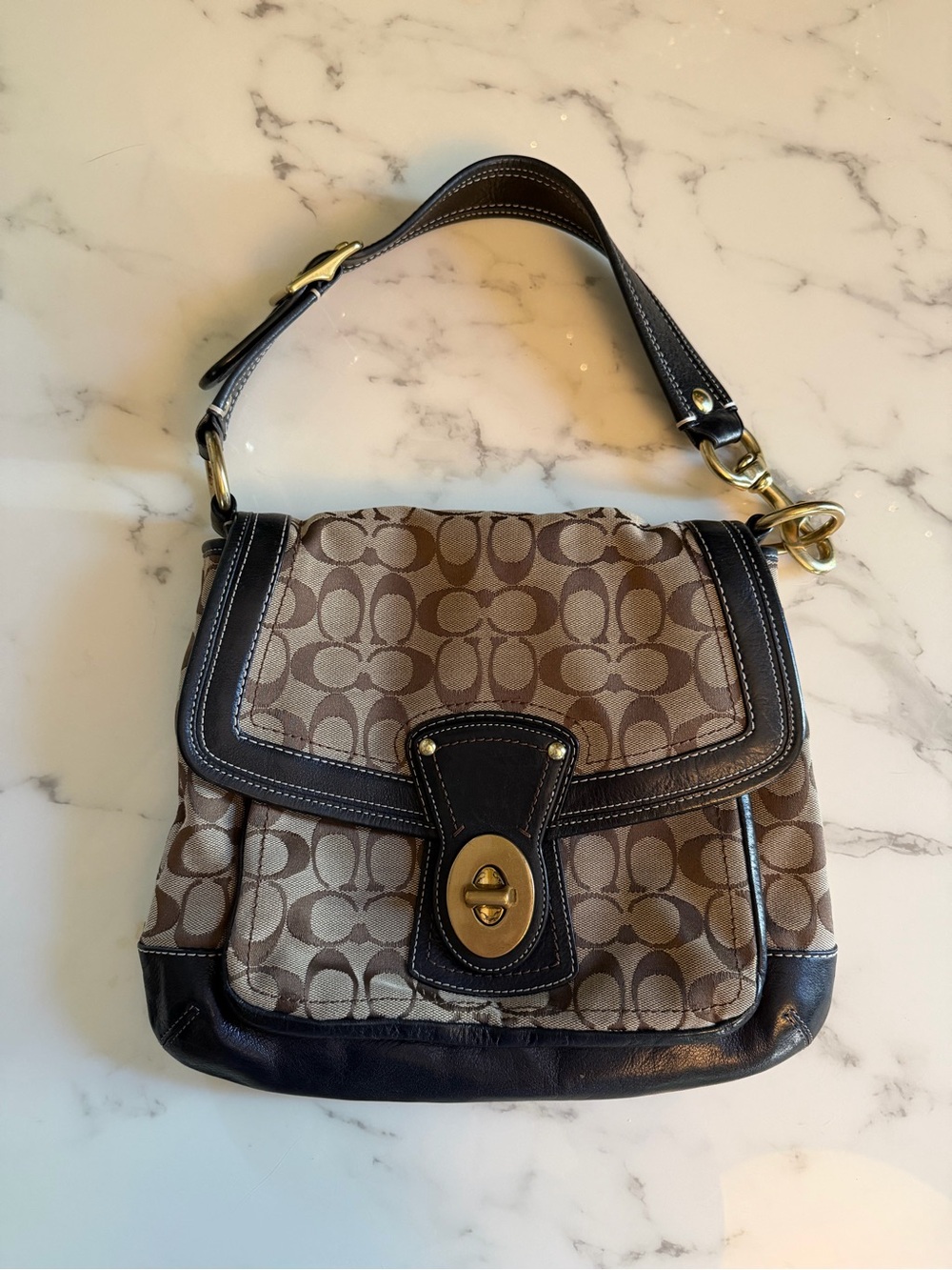 Coach Legacy 10338 Signature Khaki Flap Turnlock Shoulder Bag Striped Lining